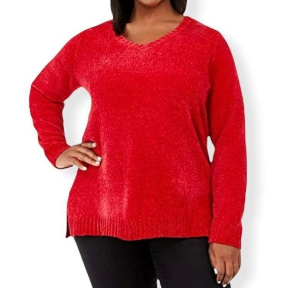 Karen Scott Haute Red Chenille V-Neck Plus Size 2X Long Sleeve Women's Sweaters - Picture 1 of 12